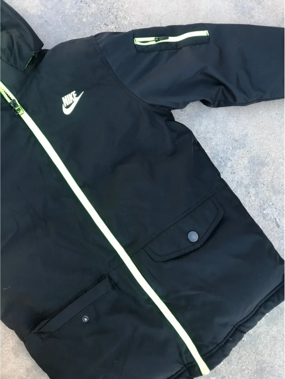 Vintage Nike 550 Goose Down Jacket Youth L Black Zip Hoodie Puffer Neon Yellow